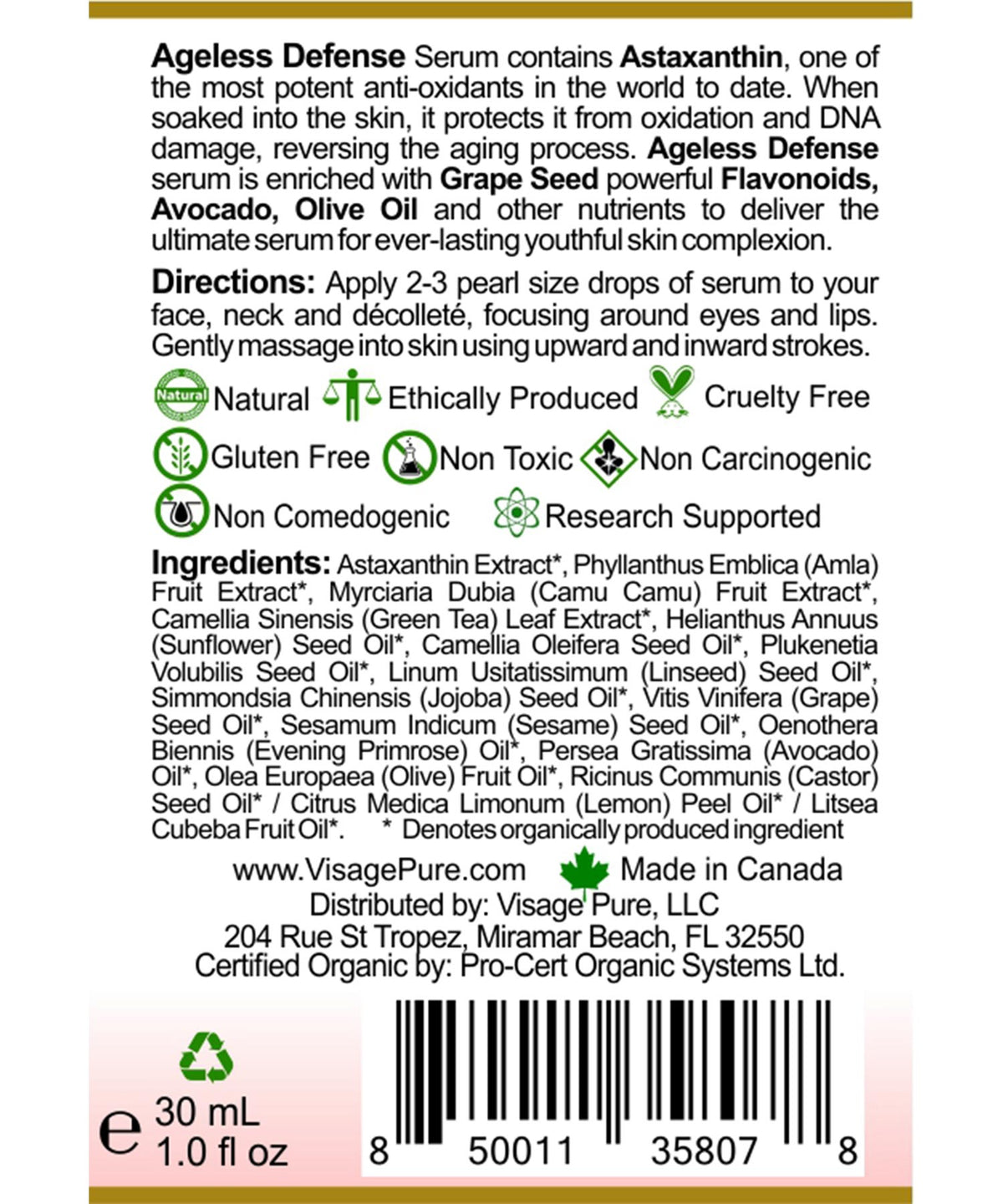 Visage Pure Ageless Defense Serum Label Back