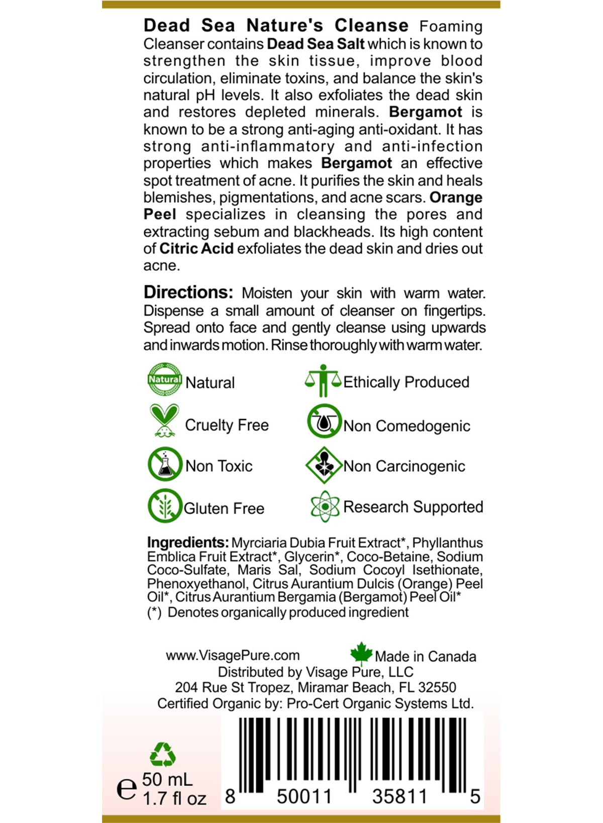 Dead Sea Nature's Cleanse Foaming Cleanser Label Back