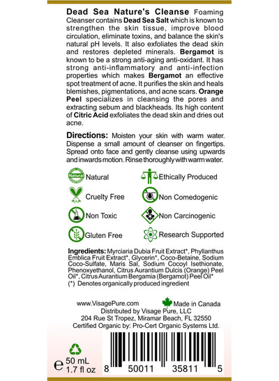 Dead Sea Nature's Cleanse Foaming Cleanser Label Back