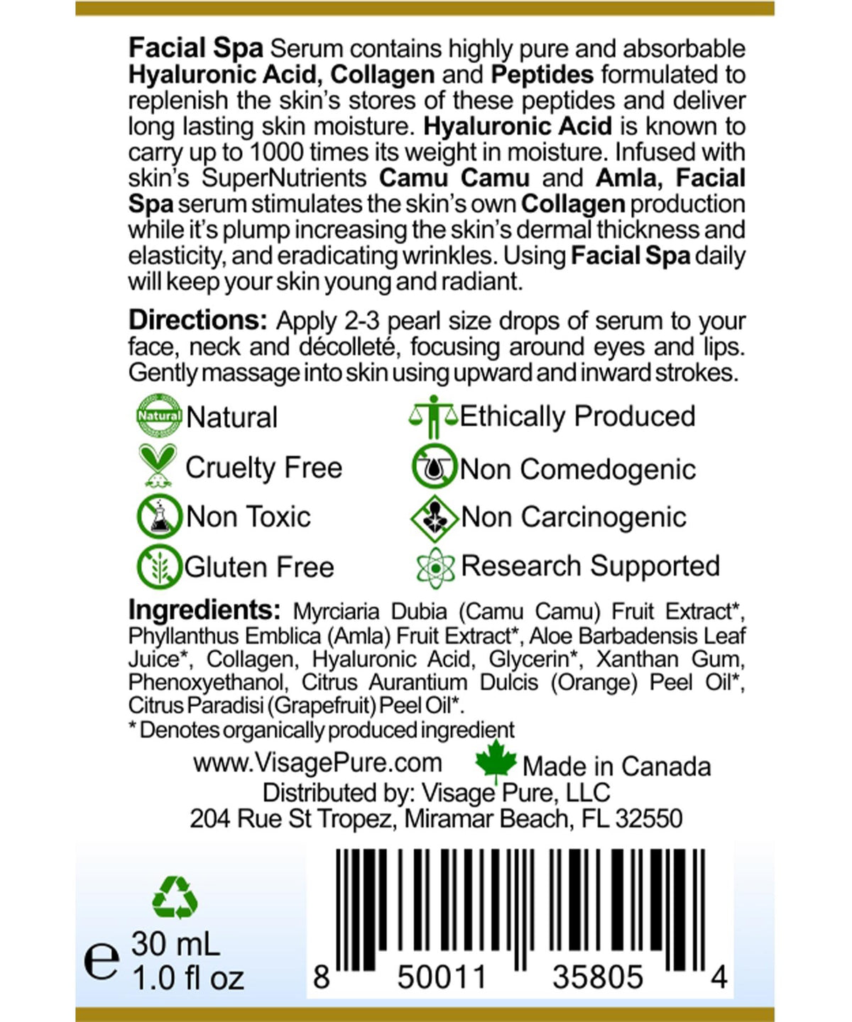 Visage Pure Facial Spa Label Back