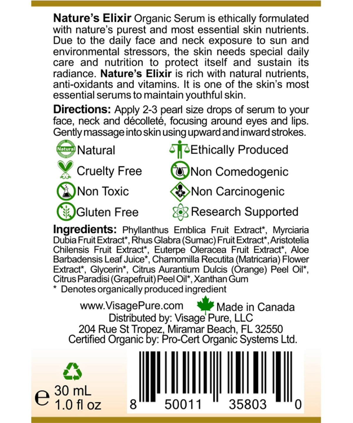 Visage Pure Nature's Elixir Label Back