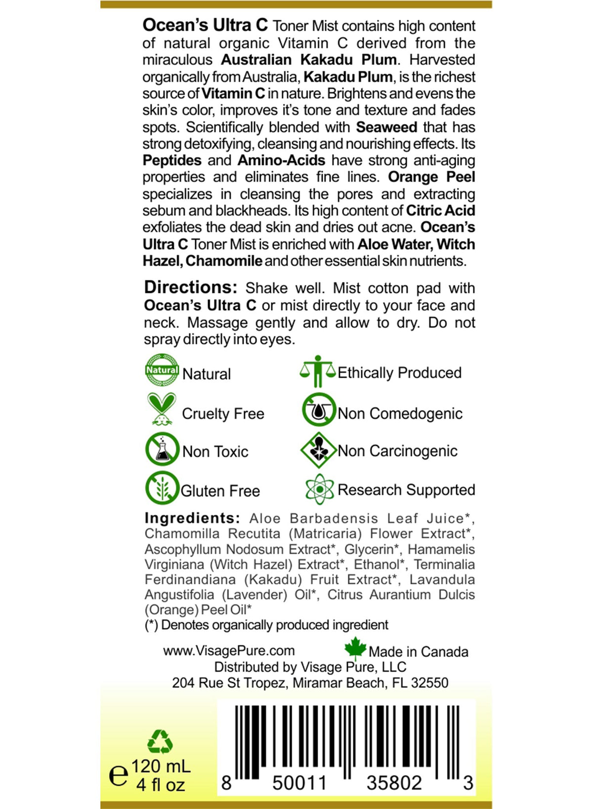 Visage Pure Ocean's Ultra C Toner Label Back