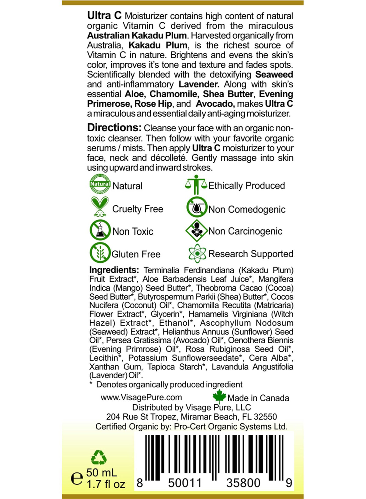 Visage Pure Ultra C Moisturizer Label Back