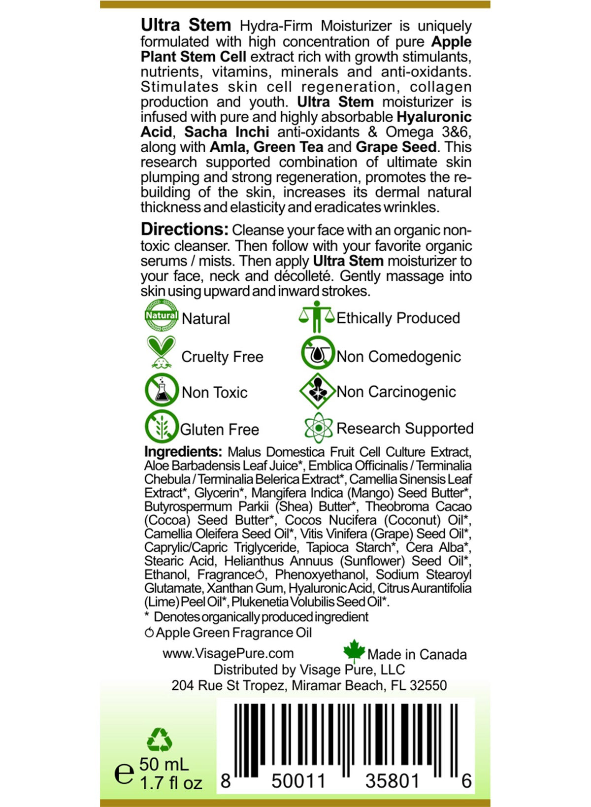 Visage Pure Ultra Stem Moisturizer Label Back